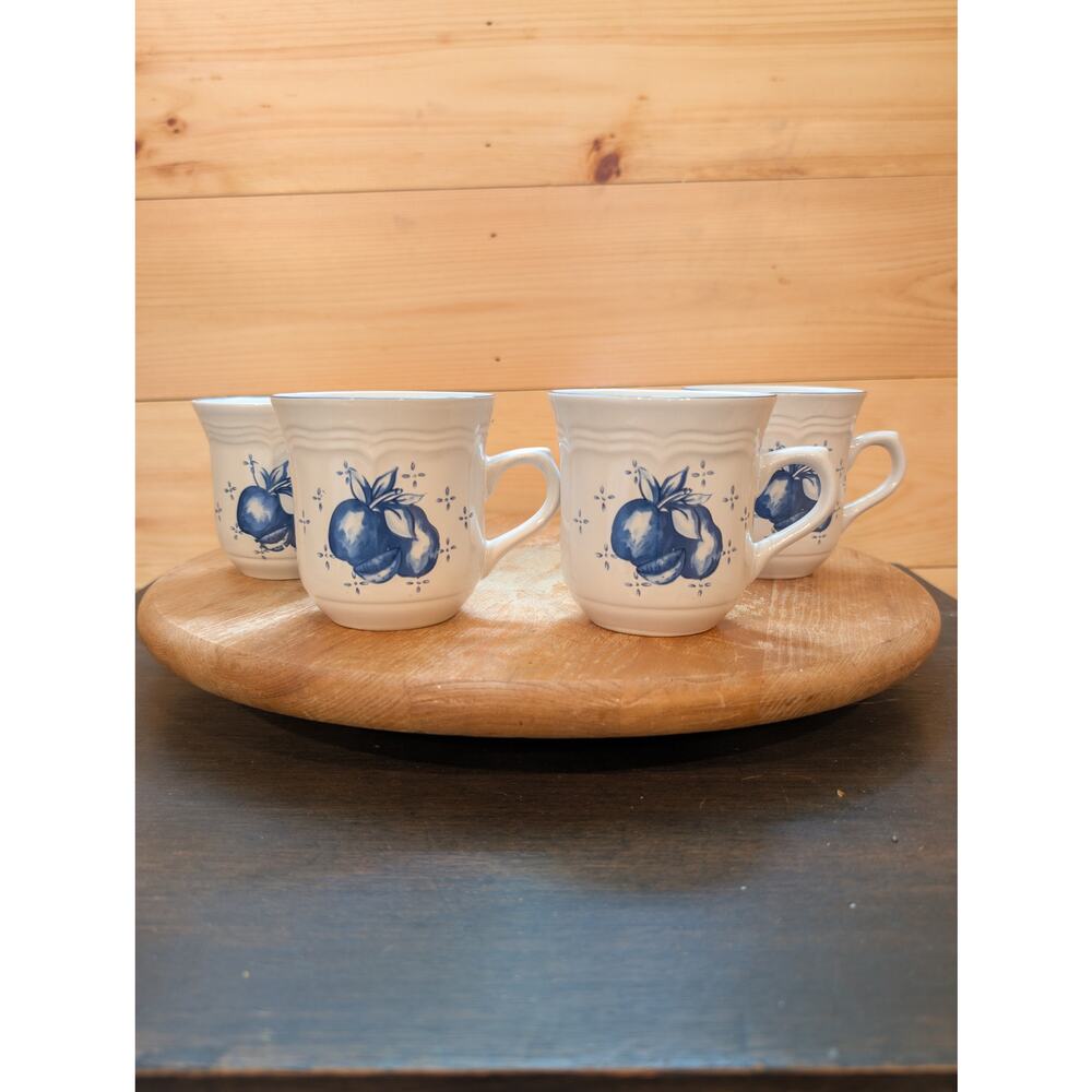 Set of 4 Vintage Newcor Stoneware Mugs – Blue Fruit – Cottagecore Farmhouse